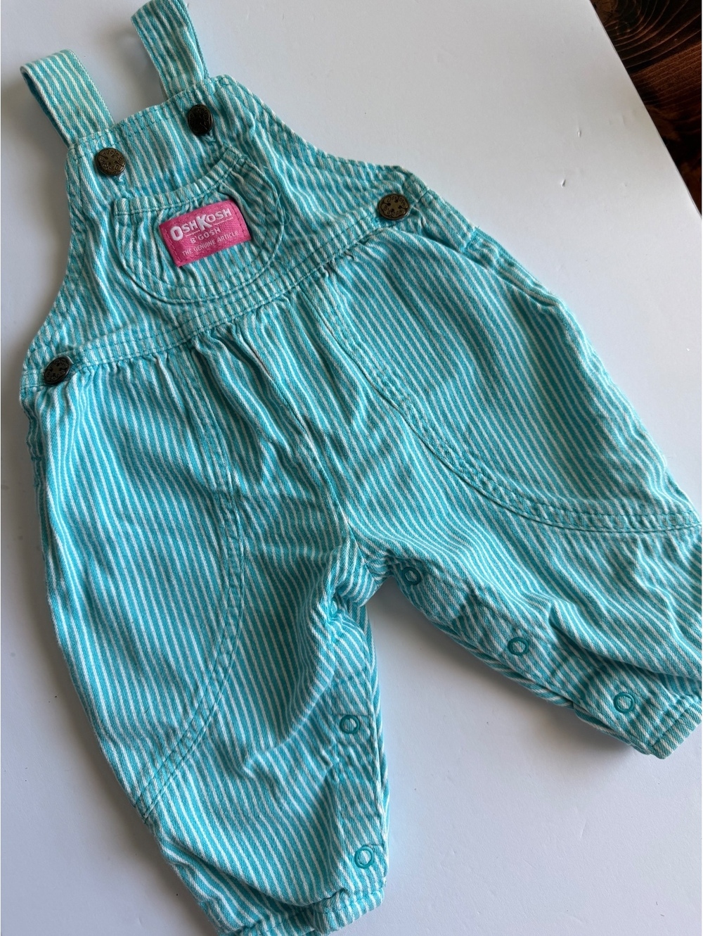 Vintage OshKosh B'gosh Teal Striped Vestbak Overalls Pink Tag Size 3/6M USA